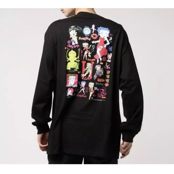 NWT HUF Betty Boop Collab Cartoon Black Long Sleeve Cotton Mens T-Shirt Size XL - Picture 2 of 8